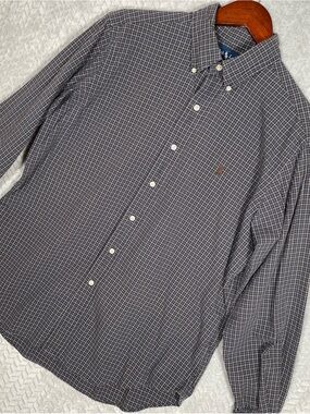 Ralph Lauren Shirt Mens L Classic Fit Brown Plaid Pony Button Down Preppy Office